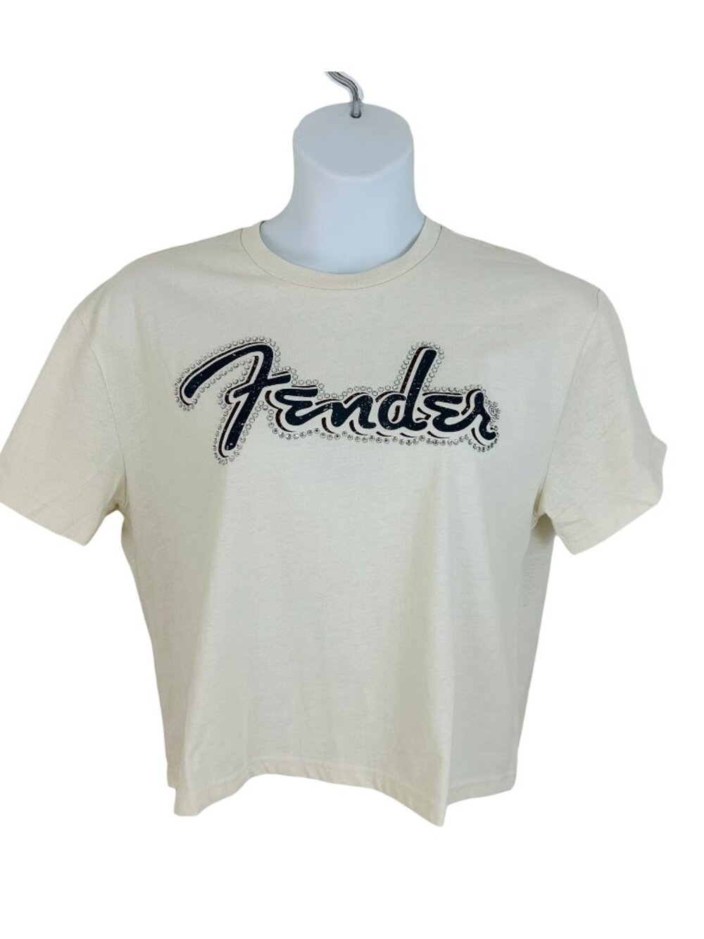 Fender Women's Plus Size 1X Graphic Rhinestone Studs Cropped Ivory T-Shirt NEW